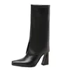 Boots 2021 Autumn Winter Cowhide Women Obacco Pipe Classic Square Toe High Heel Catwalk Cotton Lining Thermal