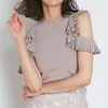 Eleganckie stałe Ruffles Plisowane Ramię Ramki Swetry Japonia Styl Dzianiny Pulowers Letnie Kobiety Matematyczne Topy 210805