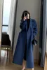 Femmes laine mélanges 2021 femmes manteau vêtements d'extérieur automne hiver chaud laine femme longue élégante Double boutonnage bleu marine veste