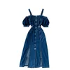 Women Fashion Retro Denim Dress Slash Neck Short Sleeve Hollow Buckle Slim Single Breasted Jeans Vestidos S388 210527