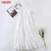 Tangada Femmes Broderie Romantique Coton Blanc Halter Robe Sans Manches Femelles Robes Longues Robes 6H43 210609