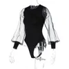 Asia Sheer Bodysuit Top See Through Patchwork Crewneck Long Sleeve Bodycon Romper Women Clothing Fashion Streetwear 210527