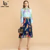 Designer Sommer Vintage Mode Anzug Frauen Casual Blau Langarm Bluse und Faltenrock 2 Zwei Stücke Set 210522