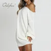 Осень зима женщин вязаный длинный рукав сексуальный свободный белый свитер платье 210415
