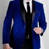 3 шт бархат свадьба смокинга для Groomsmen Royal Blue Man Suits с черной шалью отворот человек мода куртка жилет черные брюки х0909