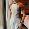 En Kaliteli Kontrast Renkler Örme Erkekler T-Shirt Kısa Kollu Moda O-Boyun Slim Fit Rahat Tee Gömlek Homme Artı Boyutu 4XL-M 210706
