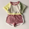 Verão Japonês e Coreano Stitching Color Top + Shorts Terno Conjunto de roupas Girl Sets 210528