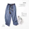 Summer Arts Style Women Elastic Waist Loose Blue Jeans All-matched Casual Cotton Denim Wide Leg Pants Plus Size M 210809