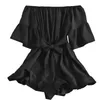 Off Shoulder Sleah Neck Flared Sleeve Jumpsuit Kvinnor Sommar Vintage Skriv ut för Ruffles Wide Leg Shorts Playsuits 210420