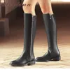 Genuine Leather Mid Heel Knee High Boots Women Riding Shoes Round Toe Zipper Block Heels Long Ladies Black 210517