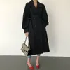 Kış Kadın Haki Uzun Trençkot İngiliz Tarzı Vintage Puf Kollu Toz Zarif Bel Bandaj Rüzgarlık 210506