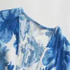 Za Flowers Print Blue Jumpsuit Vrouwen Vintage Korte Mouw V-hals Office Dame Romper Chic Button Up Geplooide Vrouw Jumpsuits 210602