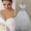 2022 Boncuklu Sequins Kristaller Bir Çizgi Gelinlik Gelinlikler İlkbahar Yaz Kısa Kollu Dantel Tül Gelin Elbise Kat Uzunluk Vestidos Artı Boyutu Custom Made