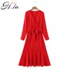 H.SA Kvinnor Långärmad Klänning Sexig Låg V Neck Red Bow Tied Waist Pläterad Vestidos Kvinna Chic Eleganta Klänningar 210417