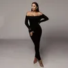 Ribbed Off Shoulder Long Dress Women Höst Full Sleeve Slash Neck Sexig Bodycon Dress Solid Backless Ladies Party Vestido 210419