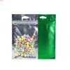 Multi tailles 100 pcs/lot sac d'emballage avant transparent en plastique vert mat feuille d'aluminium Mylar fermeture à glissière plate avec accrocher des trous