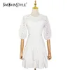 White Hollow Out Dress For Women O Neck Lantern Half Sleeve High Waist Mini Dresses Females Summer Fashion 210520