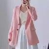 女性ピンクシングルブレイザーブレザージャケット長袖ルースコートオフィスレディーワークスタイルスーツ210430