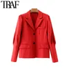 TRAF Women Fashion Single Button Blazer Coat Vintage Gigot Sleeve Pockets Female Outerwear Chic Tops 210415