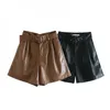 Mulheres Inverno Laranja Color PU Bermudas Shorts Faux Leather Belted 210724