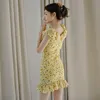 Zijde Koreaanse dames zomer mouwloze elegante gedrukte sexy mini-feestjurken voor dameskleding 210602