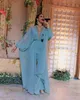 Aso Ebi Jumpsuits Prom Dresses Sexy sky blue Chiffon Beaded Deep V Neck Long Sleeves Evening Formal Party Gowns pant suit