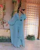 ASO EBI Jumpsuits Prom Jurken Sexy Sky Blue Chiffon Kralen Diepe V-hals Lange Mouwen Avond Formele Partyjurken Pant Past