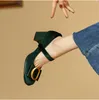 Wine Red Green Mary Jane Shoes Women Gold Metal Buckle Pumps Lady Pumps