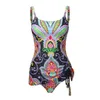 Women Swimwear Print Bandage Swimsuit Backless Bathing Suit Bodysuit Beachwear Swim Monokini Conservative Swimming Girl 210625