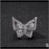 Solitaire Drop Dostawa 2021 Butterfly CZ Diamond Pierścionki Micro utwardzone LUSED Out Cubic Cyrkon Moda Męskie Hip Hop Gold Ring Jewelry Y0WB8