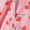 Cherry Print Satin Klänning Sommar Lace Up Vintage Maxi Rosa Klänning Långa Kvinnor Elegant A-Line Retro Frukttryck Klänning 210415