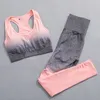 女性のシームレスヨガ服フィットネス服グラディエントスポーツブラジムスーツ長いスリーブクロップトップシャツハイウエストランニングレギンス9619897