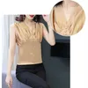 Koreaanse blouse vrouwen zijden s mouwloze shirt tops plus size vrouw vouwen satijn vrouwelijke v-hals slank vintage 210427