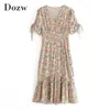 Floral Print Elegant Dress V Neck Short Sleeve Vintage Women Bow Tie Pleated Beach Midi Vestido De Mujer 210515