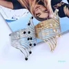 Fashion Feather Rhinestone Bangles for Women Brand Jewelry Geometric Hollow Wide Metal Plating Cuff Bangle