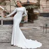 Prinsessan Satin Boho Mermaid Bröllopsklänning med långärmad Vit Baklösa spets Bohemain Beach Bridal Birde Gown Civil Abiti da Cerimonia Robe de Mariée