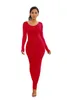 Kolorowy Długi Rękaw O Neck Stretty Długie DR2021 Wiosna Jesień Kobiety Solidna Dorywczo Elegancka Robe Bodycon Maxi Suknie Vestidos X0529