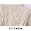 KPYTOMOA KVINNOR FASHION CABLE-stickad beskuren tröja Vintage O Neck Puff Sleeve Kvinna Pullovers Chic Toppar 211217