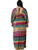 Autumn Plus Size XL-6XL Women Rainbow Striped Print V-neck Batwing Long Sleeve Bodycon Maxi Dress Vestidos Elegant 210525