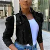 Kobiety Sexy Ripped Denim Crop Kurtki Vintage Casual Casual Krótka Jacket Kurtka Puff Sleeve Zima Żakiet Streetwear 210922