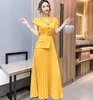 Sommer Mode Casual Frauen Kurzarm Umlegekragen Plissee Kleid Chiffon Maxi Kleider 210531