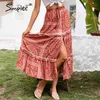 Verão étnico Ruffled Floral Imprimir Slit Maxi Sash Cintura Alta Mulheres A linha Saia Férias Saia Sexy Beach Vestidos 210414