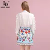 Letnie Kobiety Zestaw Runway Mody Designer Z Długim Rękawem Gorgeous Ruffles Bluzki + Drukowana Mini Spódnica Lady Garnitury 210522