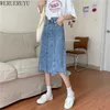 Werrueruyu Summer Retro Hong Kong Style Mid Długi Wysokowy Talia Slim Ins Denim Spódnica Damska Dress 210608