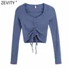 Women Simply V Neck Pleated Lace Up Long Sleeve Chic Camis Tank Ladies Knitted Slim T-shirt Casual Crop Tops LS7552 210416