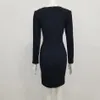 Free Women's Knit Dress Black Sexy V-neck Long Sleeve Bodycon Knee Length Club Runway Party Vestidos 210524