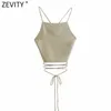 Femmes Spaghetti Strap Sexy Chic Solid Camis Tank Lady Summer Dos Nu Cross Lace Up Sling Court Crop Tops LS9010 210420