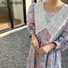 MATAKAWA Sweet Floral Robes Heavy Lace Crocheted Women Dress Stitching Pleated Vestidos Korean Puff Sleeve Loose A-line Dresses 210513