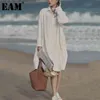 [EAM] Women Black Big Size Pleated Shirt Dress Lapel Flare Long Sleeve Loose Fit Fashion Spring Summer 1DD6570 210512