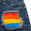 Frauen Plus Größe Sommer Mittlere Taille Denim Shorts Distressed Ripped Loch Regenbogen Gestreiften Patchwork Dünne Hosen frauen